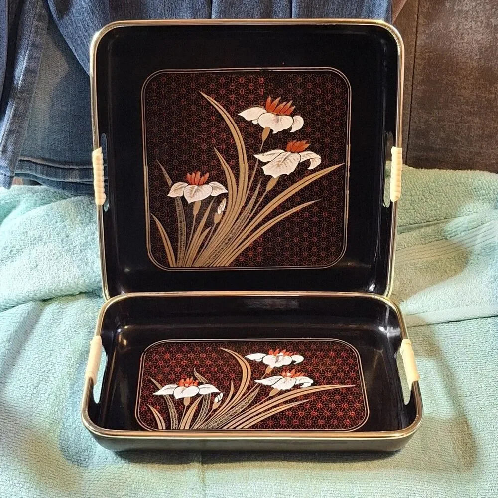 Lacquerware Tray Set Painted Shikki Ware 3 Piece Nesting Barware Serving Trays